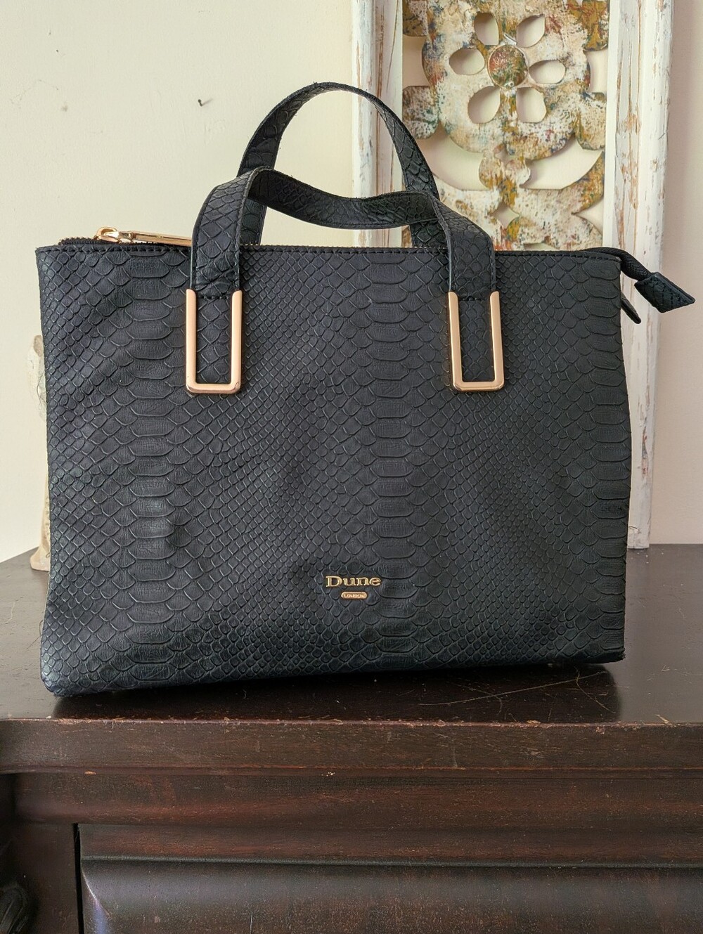 Dune London Black Textured Tote Bag with Gold Kisslock Hardware